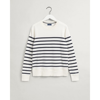 Sweatshirt de algodão leve com decote redondo e riscas de marinheiro