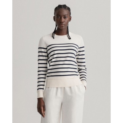 Sweatshirt de algodão leve com decote redondo e riscas de marinheiro