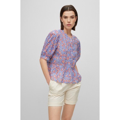 BLUSA DE AJUSTE REGULAR COM ESTAMPADO FLORAL  EM RAMIÉ E ALGODÃO