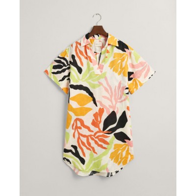 Palm Print linen short sleeve caftan