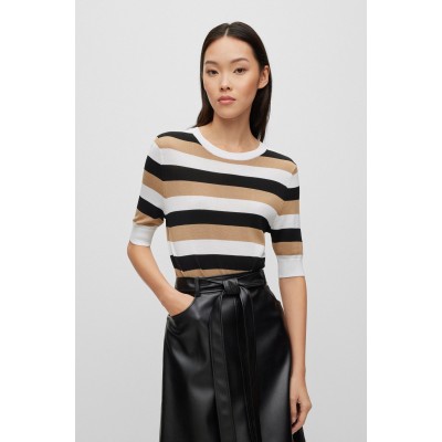 CROPPED-SLEEVE SWEATER WITH HORIZONTAL STRIPES